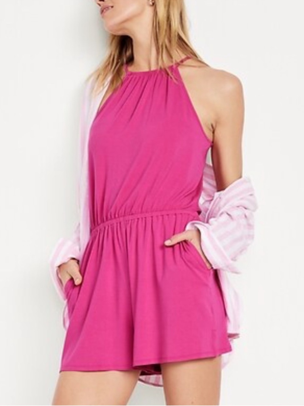Hot Pink Halter Short Sleeveless Romper Old Navy Size Small Tall | NWT
